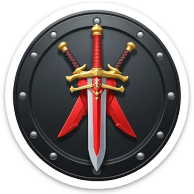 Make an mmo rpg red sword class icon inside of a round emblem in aname style sticker