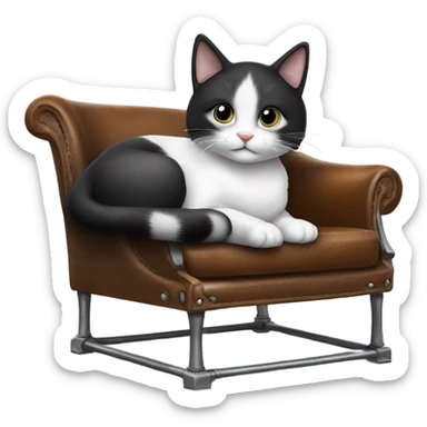 cute black and white cat laying on a big leather and metal chair  sticker
