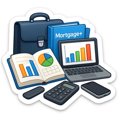 An open book with a graph and financial charts, a briefcase, a calculator, and a laptop nearby. The icon should represent the world of business, finance, and professional growth. Change the color of the folders to blue and write Mortgage+ on the folder. Change the color of the briefcase to dark blue. Style: apple emoji sticker