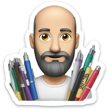Balding man with thick black beard,  holding lots of pens  sticker