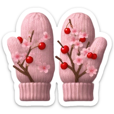 A pair of cozy knitted mittens with a cherry blossom design sticker