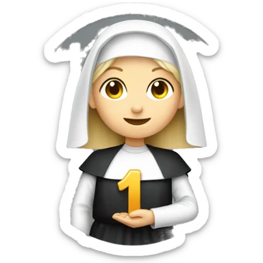 A blonde nun holding a coin with the number 1r on it sticker