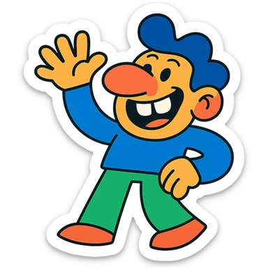 a really happy person with hand, buck teeth, and a really big nose, fun and expressive style, vibrant toon, playful and colorful cartoon character sticker