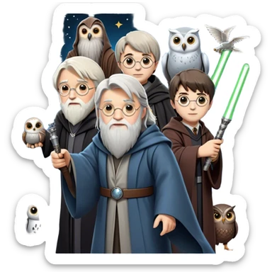 Icon for Fantasy and Sci-Fi Movies: Collage featuring Harry Potter with his wand, Dumbledore. Luke Skywalker with a lightsaber and futuristic robots. Background with a magical planet, Hogwarts, flying owls and spaceships. Epic and magical atmosphere. Transparent background. sticker