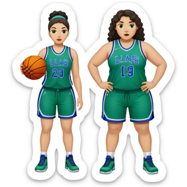 full body plus size light skin latino women basketball player with wavy dark hair large widenose wearing blue and green uniform sticker