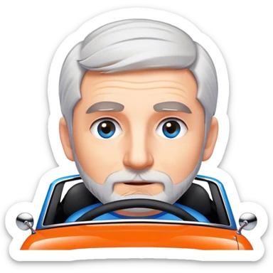 Grey haired short bearded with blue eyes driving a modern orange mini cooper with black bonnet stripes sticker
