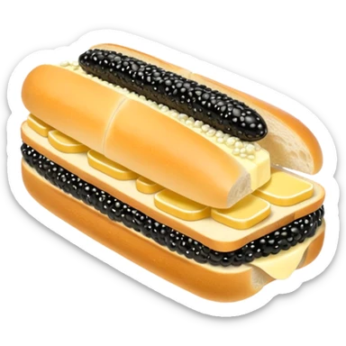 Apple style 3D emoji of a luxurious black caviar sandwich. A thick slice of fresh white baguette with a generous layer of creamy yellow butter, topped with a mountain of glistening, shiny black sturgeon caviar. premium aesthetic. sticker