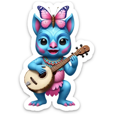 Pixar style little Blue and pink tiki singing with a butterfly and playing a banjo, ultra detailed and lifelike imagery, realistic sticker