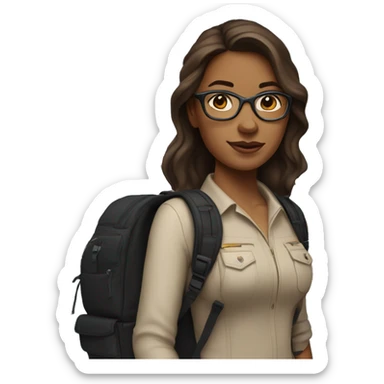 A Woman with Long Brown Hair, dark Glases, light Brown Skin with a black Backpack and in the Background a Aircraft  sticker