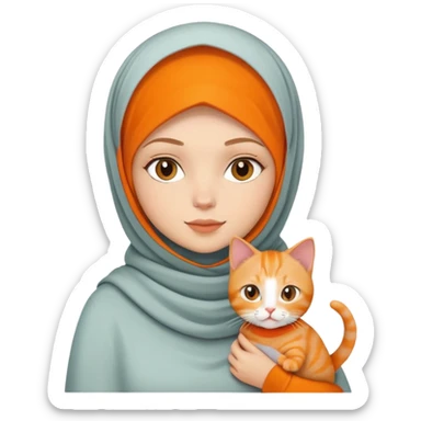White girl wearing hijab holding orange shorthair cat sticker