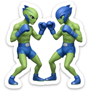 two aliens boxing in a fight stance, facing each other with raised gloves, dynamic action pose, intense expressions, sci-fi arena vibe, 3D cartoon style, mobile game icon style, clean background, no text, no watermark
 sticker
