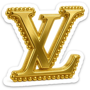 Classic Louis Vuitton logo, metallic gold finish, pearl border, sophisticated and iconic sticker