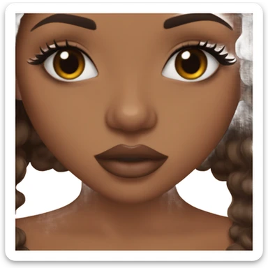 Light brown skin girl, long curly dark brown hair, brown lip liner with glossy lips, and long lashes sticker