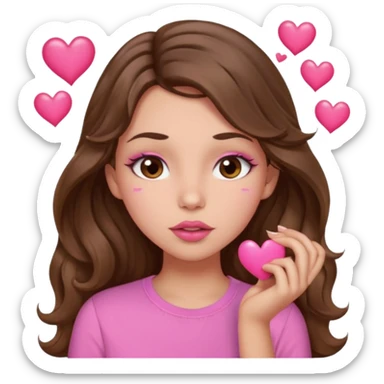 girl with long wavy brown hair, brown eyes, light to medium complexion, in a pink shirt, pink lips, long lashes, puckering lips kissing, blushing with hearts sticker
