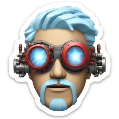  Short light blue haired male cyborg head with light blue beard, red steampunk goggles and circuits sticker