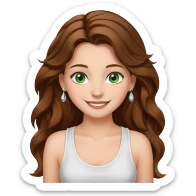 A girl with long brown wavy  hair, green eyes, and a white tank top; she doesn't have bangs. she wear a lot of silver jewerly  sticker