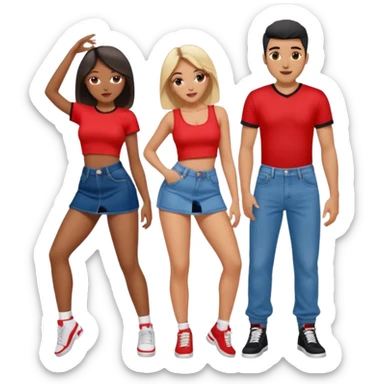 Couple dancing with girl in front twerking girl wearing denim mini skirt with a red crop top guy wearing black jersey with denim baggy pant sticker