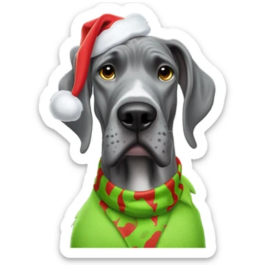 Grey great dane wearing a the grinch costume sticker