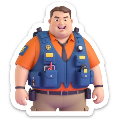 big overweight federal agent with prominent buck teeth wearing tactical vest loaded with gadgets looking like a redneck 3D cartoon style sticker
