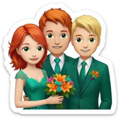  The man, with red hair, wears a dark green suit with a green tie and an orange boutonnière. The woman, with blonde hair, wears a turquoise ballgown with lace details and holds a colorful tropical bouquet. They smile at each other.  sticker