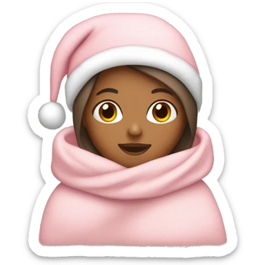 A tan girl wearing a light pink blanket with a Santa hat Christmas version sticker
