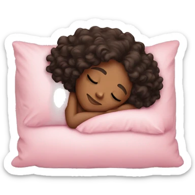Sleeping girl on pink pillow dark curly hair light skin sticker