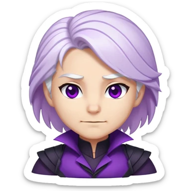 Chibi Sable Ward with smirk expression, confident side smile, raised eyebrow, white hair with purple streaks, fully purple eyes, smug look sticker