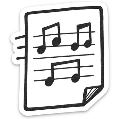 Sheet music icon, hand drawn, black outlines, no fill, simple and clean, top view sticker