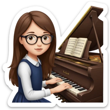 girl long brown hair. round glasses eye. playing piano sticker
