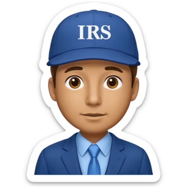 a man dressed in a blue suit with a cap on that says IRS sticker