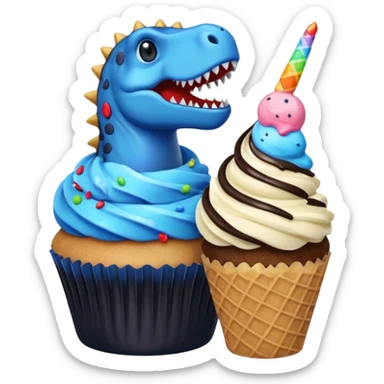 A cupcake having blue and black icing and a dinosaur as a decoration and ice cream next to it sticker