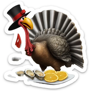 Turkey holding slice of black toasted bread with pan of oysters, fire sticker