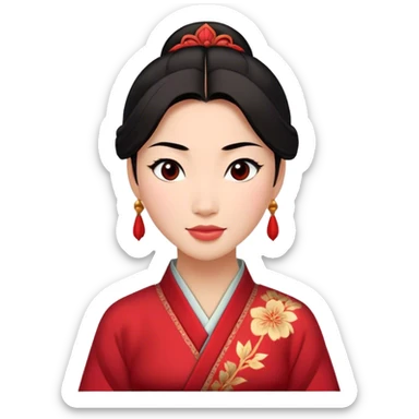 Cinematic Radiant Mulan Portrait Emoji, rendered in a realistic, vector-style with clean proportions. Show Mulan with a soft, confident smile, warm skin, and expressive eyes, her dark hair styled simply, and dressed in traditional clothing with understated red accents. The image radiates a gentle, luminous glow and high shine, accentuated by a soft glowing outline. sticker