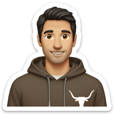 Man with dark hair, pale skin, orange Texas Longhorns hoodie sticker