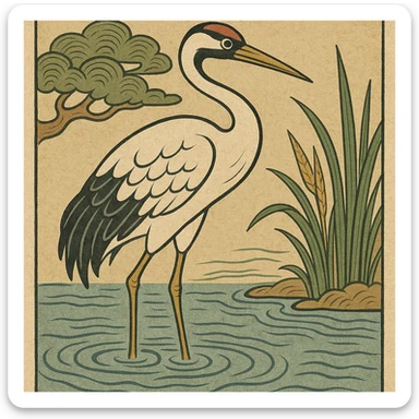 ukiyo-e style illustration of a crane bird standing in water sticker