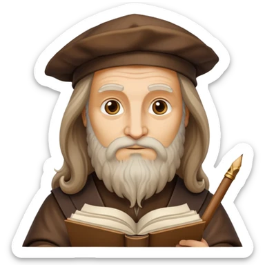 cinematic-realistic-leonardo-da-vinci-portrait-emoji,-depicted-as-the-quintessential-renaissance-polymath-with-deep,-thoughtful-eyes,-a-flowing-beard,-and-a-quill-or-sketchbook-in-hand.-the-scene-is-illuminated-with-warm,-classical-light sticker