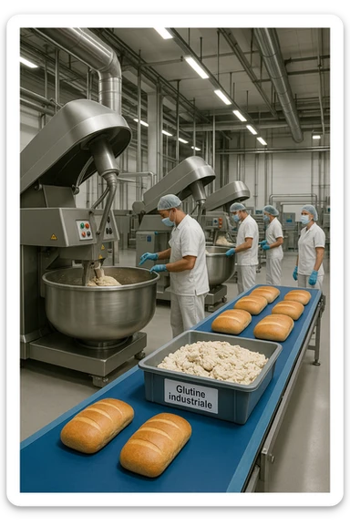 a modern food processing factory interior, with large stainless steel machines mixing and kneading dough. In the foreground, a conveyor belt carries loaves of bread and trays of raw gluten, labeled “Glutine industriale” Workers in uniforms and hairnets monitor the process. The atmosphere is clean, efficient, and slightly clinical. sticker