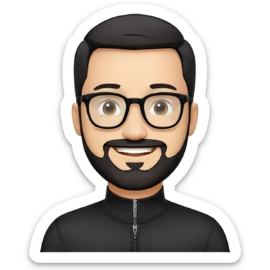 Light-skinned man with extremely short black hair, short clearly graying beard, big black glasses frames, happy smile, black long sleeve shirt with prominent zip at neck sticker