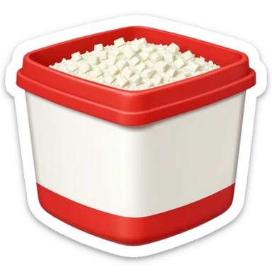 Pixel art Cottagecheese in a red container with a white stripe at top and bottom sticker