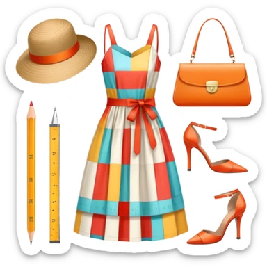 Icon for Fashion Design: a pattern of a bright, beautiful dress with measurements, a ruler, and pencil, along with a hat, shoes, and a handbag. The icon should represent fashion design with attention to detail and style. Transparent background. sticker