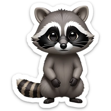 Cinematic-cute Raccoon-Realistic-hunched Full-Body on all fours-Emoji – Tail flicking lazily, head tilted dramatically, thick grey fur with a signature black mask, sharp and alert ears, simplified yet realistic focused features, highly detailed, glowing with an almost sarcastic glow. big black eyes sticker