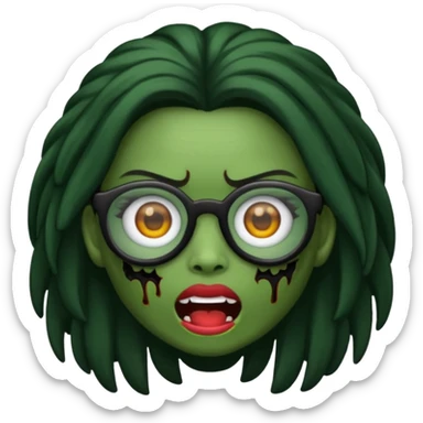 crie um emoji de zumbi feminino, com pele verde, óculos preto e cabelos pretos longos sticker