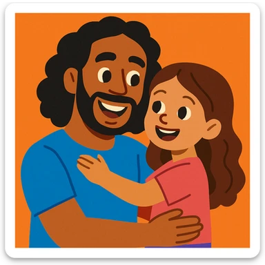 A dad with brown skin and shoulder length curly black hair, next to a young girl with light brown skin and long brown wavy hair, both smiling, friendly and warm style sticker