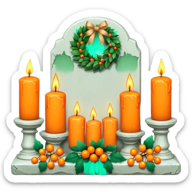 Gravestone with candles and a green wreath with orange small berries sticker