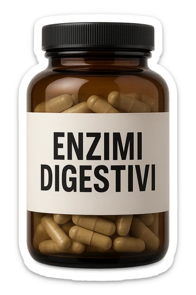 barattolo di integratore con la scritta "ENZIMI DIGESTIVI", iperrealistico 4k sticker