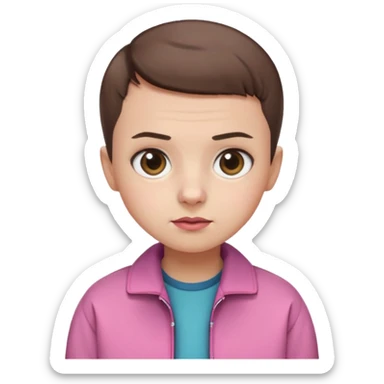 Create a cute emoji-style illustration of Eleven from Stranger Things: round face, big expressive eyes, short brown buzz-cut hair, pink jacket, simple nose and mouth, soft shading, bright colors, clean outline, minimal details, friendly expression, flat emoji style, white or transparent background. sticker