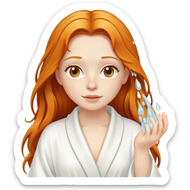Ginger girl in white robe long wet hair relaxing shower skin care sticker