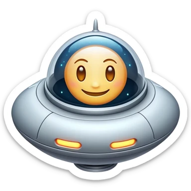 Design a simple, friendly spaceship with a smooth, rounded shape. Add a clear 'face' on the front using glowing lights for eyes and a curved line for a smile, giving it personality. Use a plain background to keep the focus on the ship. sticker
