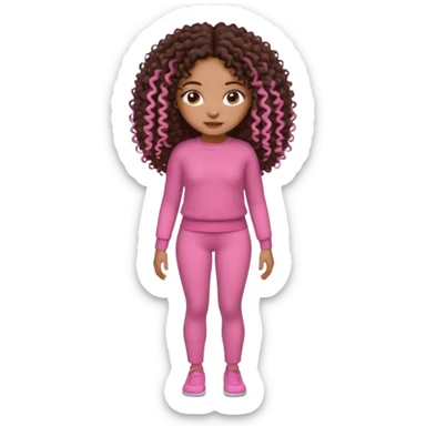 Uma menina negra da pele clara magra definida com roupa de malha rosa, com cabelo cacheados  todo castanho escuro bem grande até a cintura sem muito volume no cabelo sticker