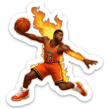 player from the video game "nba jam" dunking a basketball on fire sticker